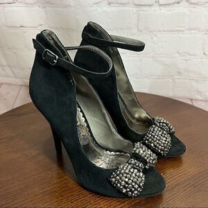 7 NAUGHTY MONKEY suede ankle wrap peep toe heels